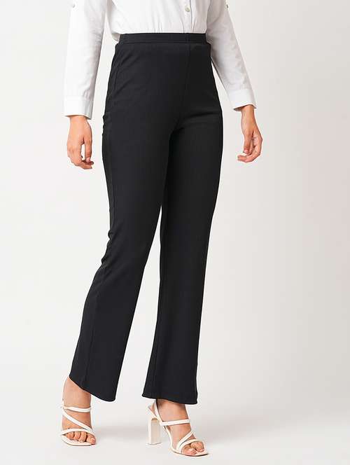 globus women black stretchable mid-rise rib knit slim fit bootcut treggings - 21305205 -  Standard Image - 0