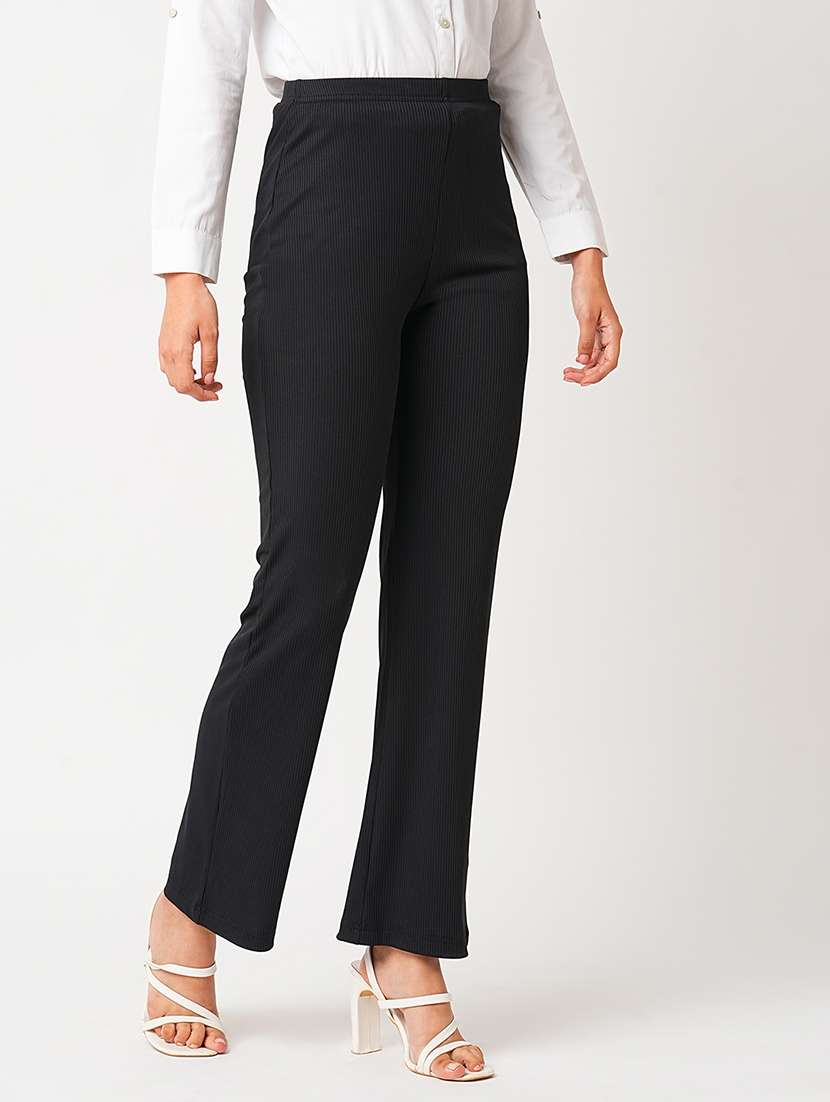 globus women black stretchable mid-rise rib knit slim fit bootcut treggings - 21305205 -  Zoom Image - 0