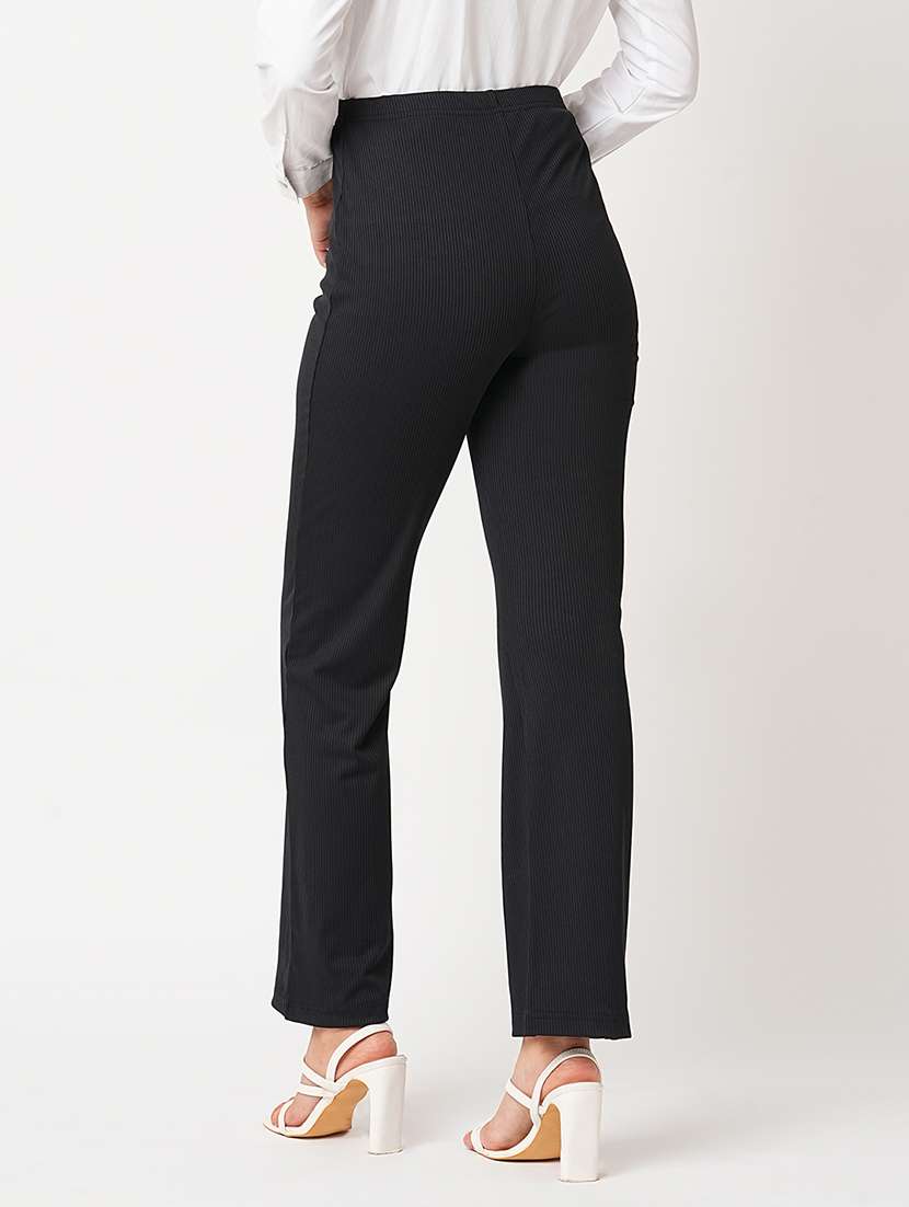 globus women black stretchable mid-rise rib knit slim fit bootcut treggings - 21305205 - Standard Image - 3