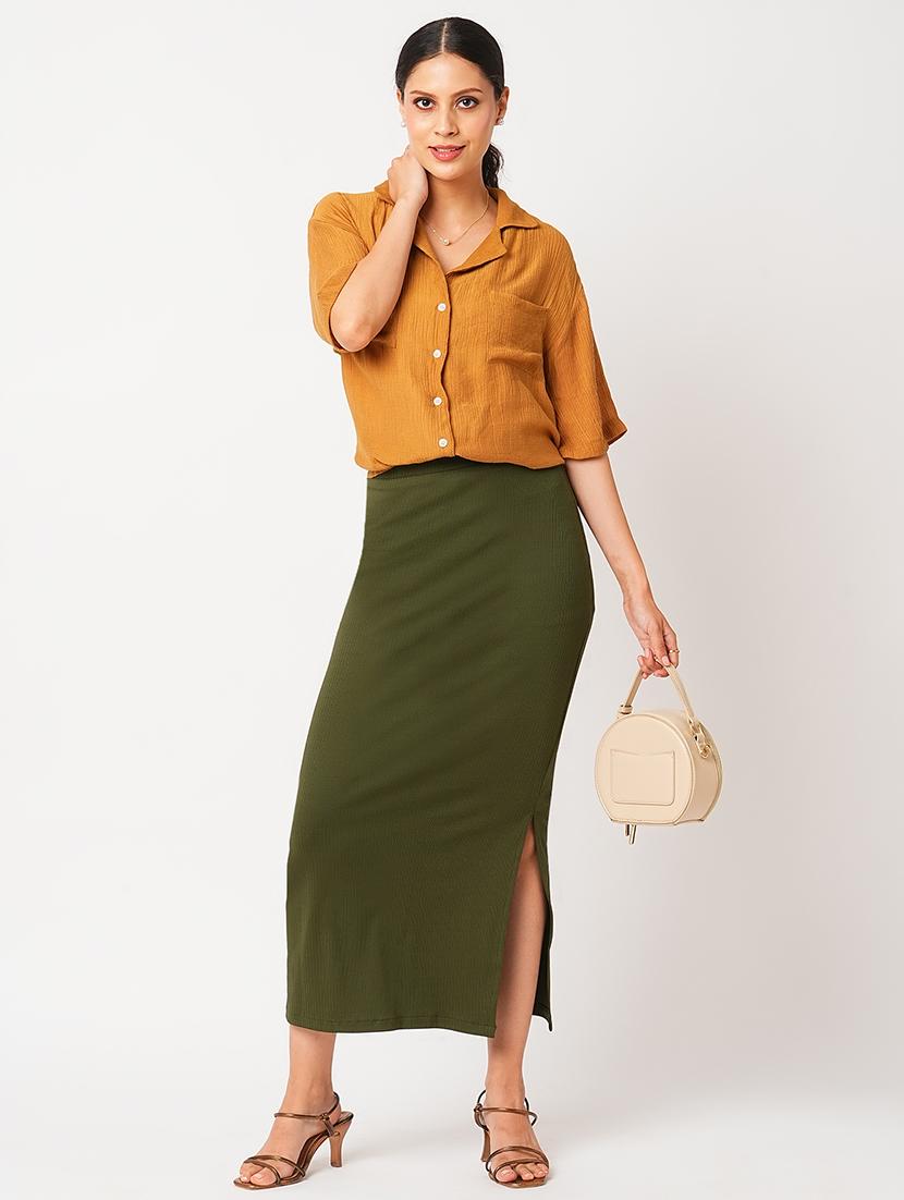 globus women dark olive high-rise streatchable side slit maxi pencil skirt - 21305217 - Standard Image - 3