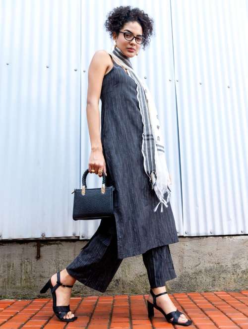 globus women black strappy square neck yarndyed straight workwear kurta with pants & dupatta set - 21305221 - Standard Image - 0