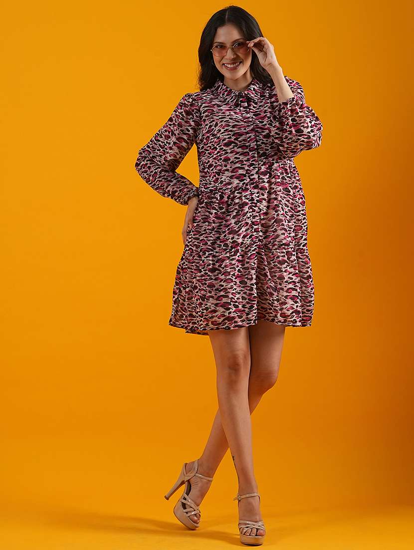 globus women multi white shirt collar animal print gathered & tiered a-line dress - 21305235 - Standard Image - 3