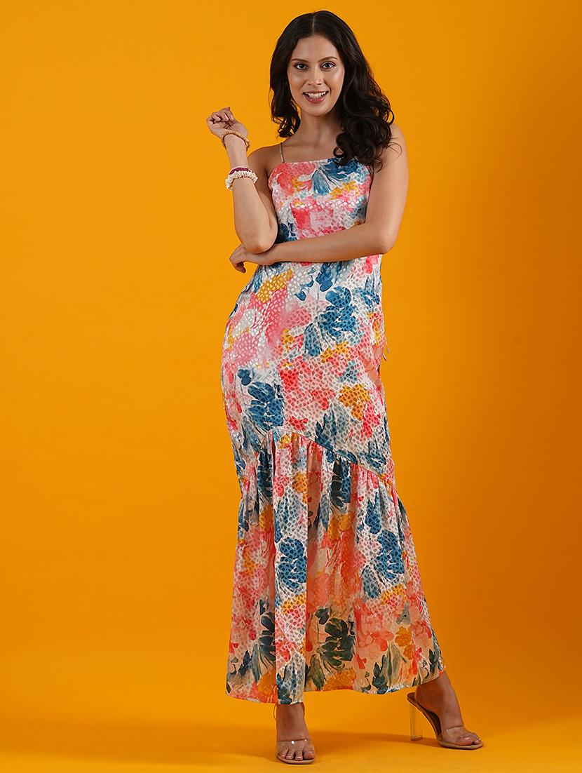 globus women multi tie-up neck floral print gathered front slit bodycon maxi party dress - 21305244 - Zoom Image - 0