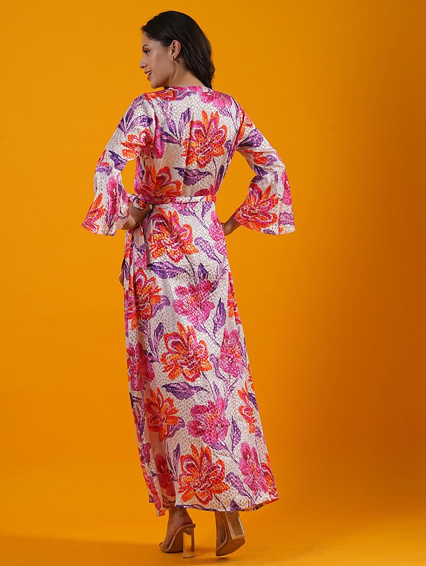 globus women multi white bell sleeves floral print front slit a-line maxi dress with belt - 21305246 - Standard Image - 3