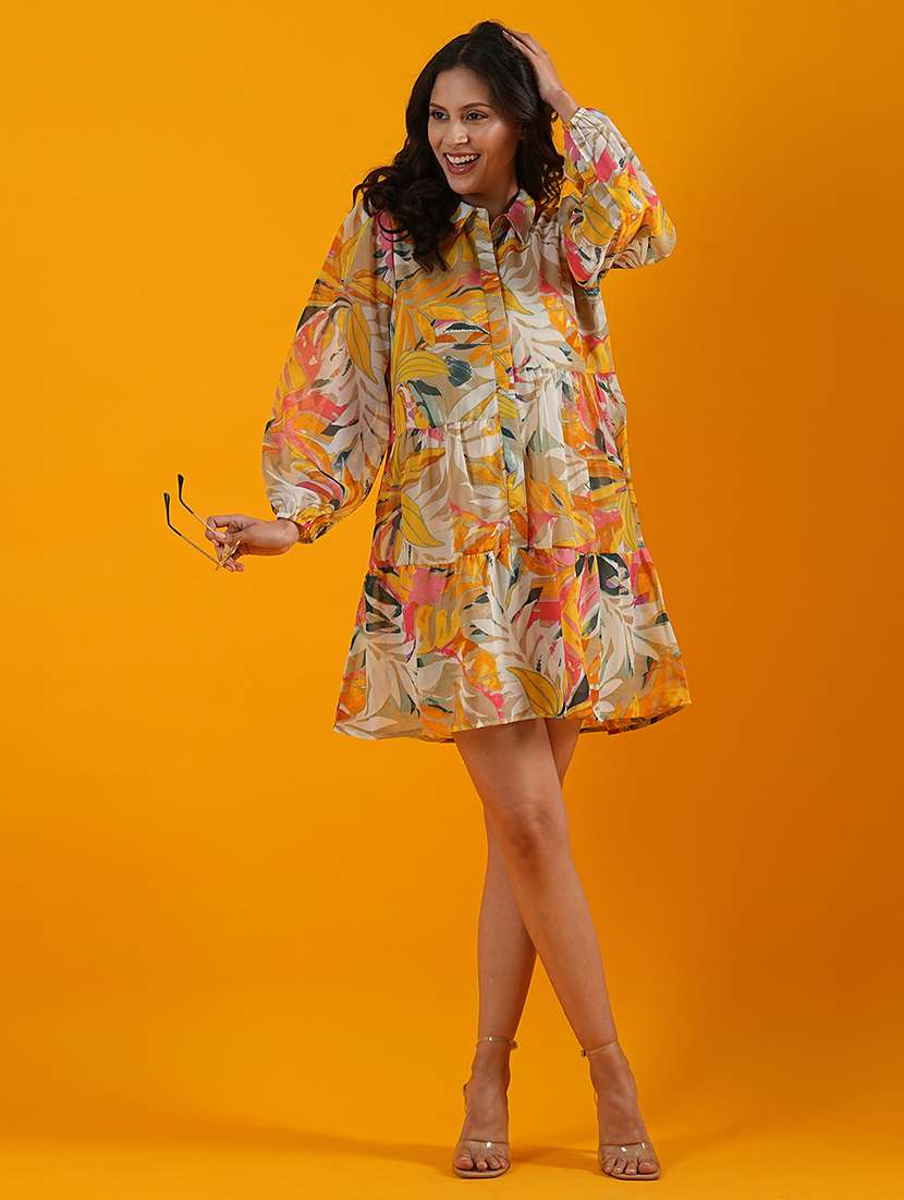 globus women multi shirt collar tropical print gathered & tiered a-line dress - 21305249 -  Zoom Image - 0