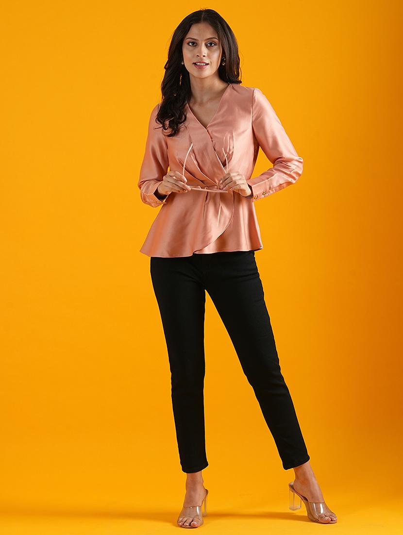 globus women pink v-neck long cuffed sleeves pleated satin workwear wrap top - 21305253 - Standard Image - 3