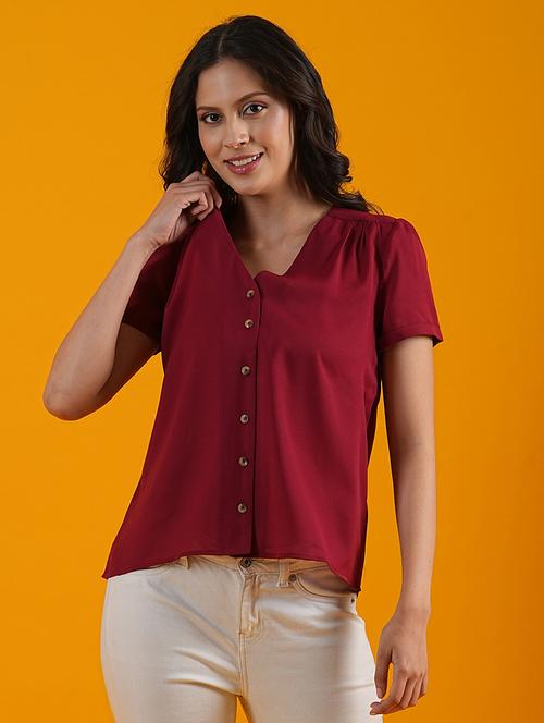 globus women red v-neck short puff sleeves workwear shirt style top - 21305257 - Standard Image - 0