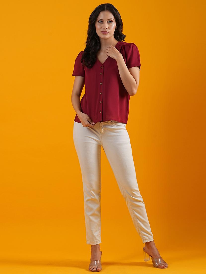 globus women red v-neck short puff sleeves workwear shirt style top - 21305257 - Standard Image - 3