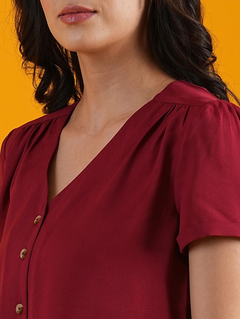 globus women red v-neck short puff sleeves workwear shirt style top - 21305257 - Standard Image - 5