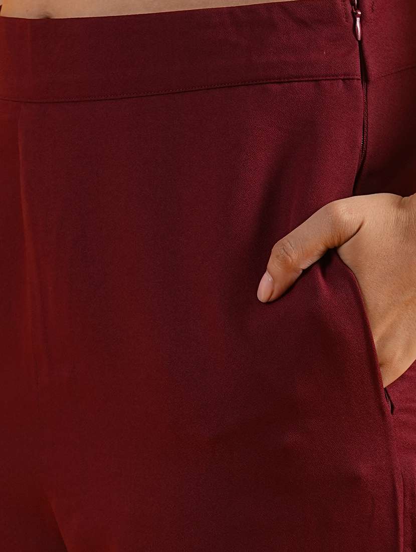 globus women maroon halter neck front slits moss crepe top with trousers co-ord set - 21305277 -  Standard Image - 5