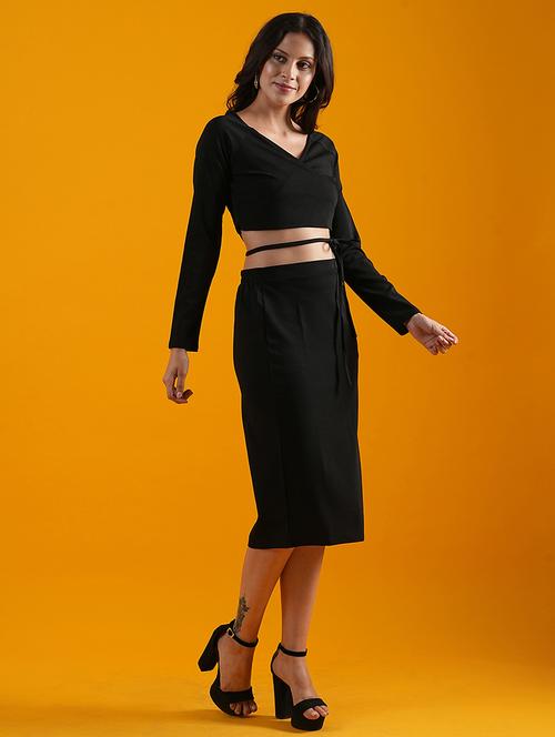 globus women black wrap neck tie-up crop top with side slit skirt party co-ord set - 21305279 - Standard Image - 0