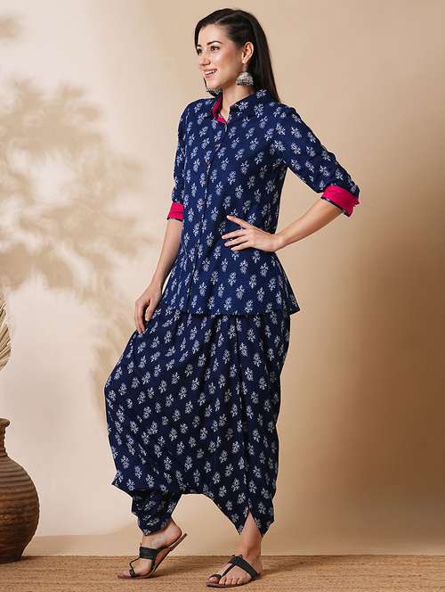 globus women blue allover paisley printed shirt style tunic & harem pants fusion co-ord set - 21305283 -  Standard Image - 0
