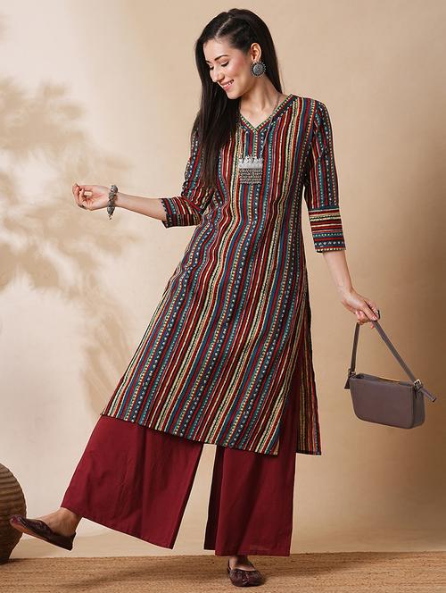globus women maroon allover geometric stripe printed straight workwear kurta with palazzos set - 21305284 - Standard Image - 0