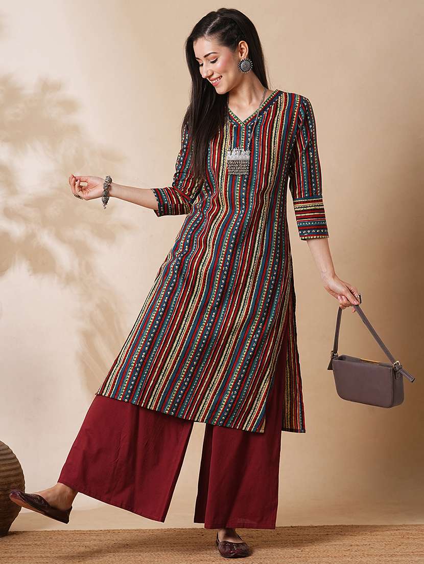 globus women maroon allover geometric stripe printed straight workwear kurta with palazzos set - 21305284 - Zoom Image - 0