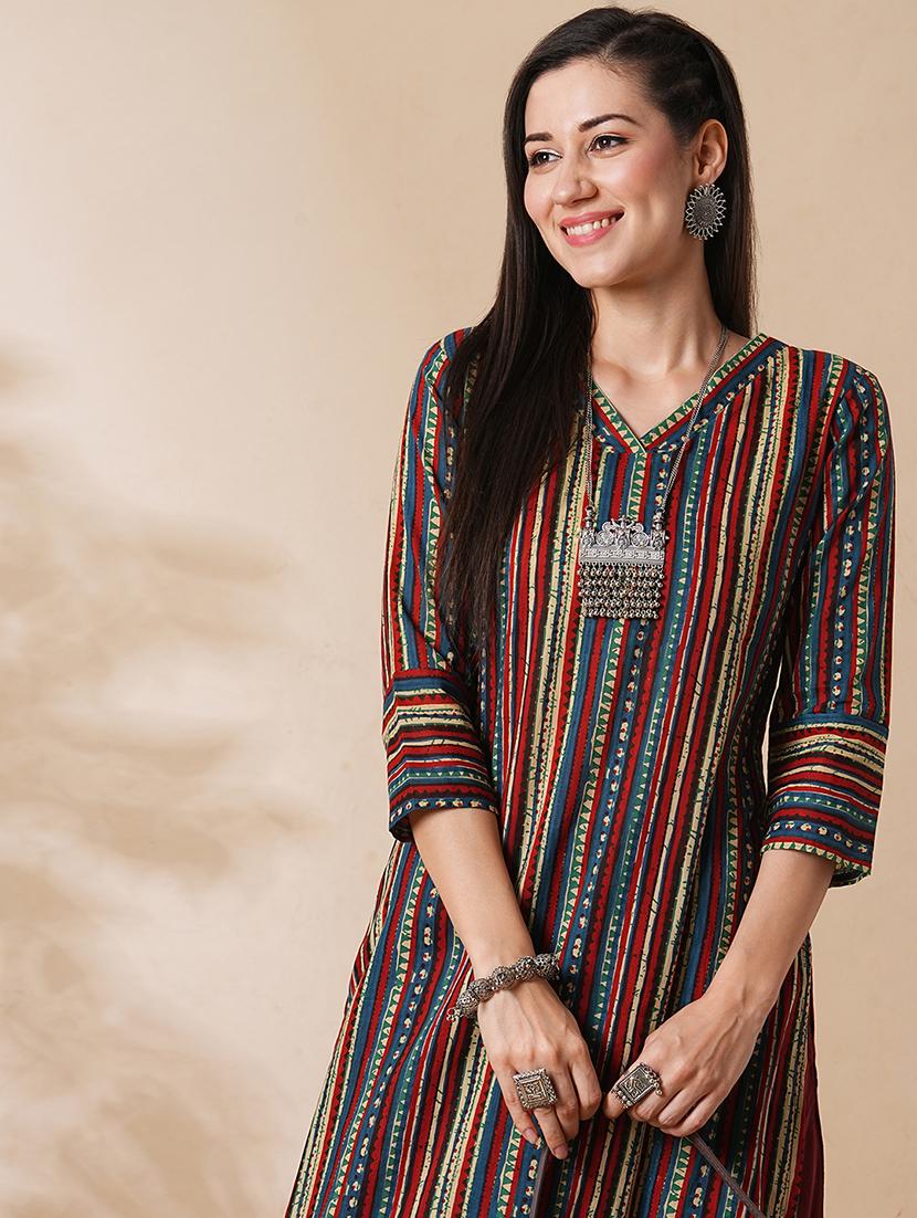 globus women maroon allover geometric stripe printed straight workwear kurta with palazzos set - 21305284 - Standard Image - 3