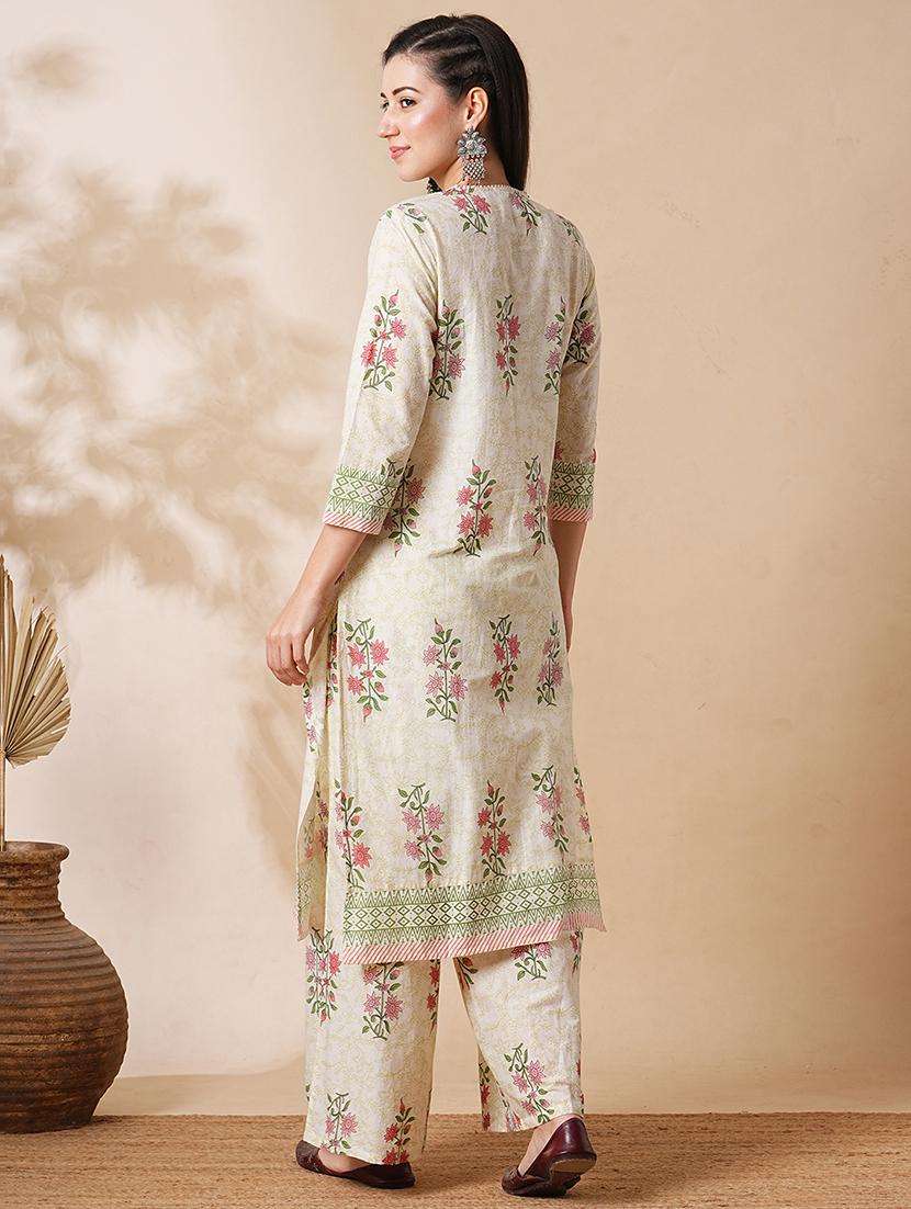 globus women off-white allover floral print straight workwear kurta & palazzos set - 21305289 -  Standard Image - 3