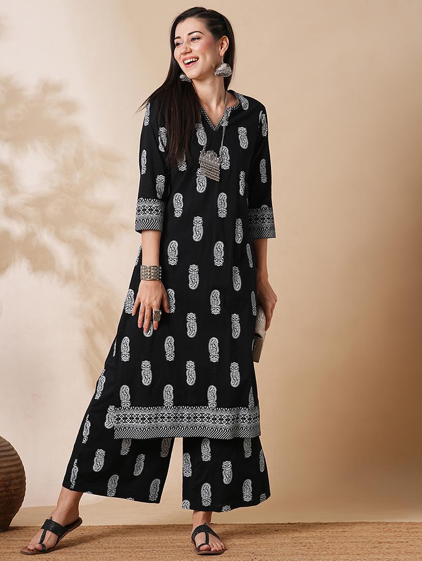 globus women black allover paisley printed straight workwear kurta & palazzos set - 21305290 - Zoom Image - 0