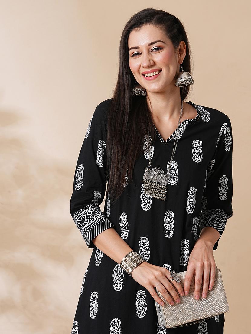 globus women black allover paisley printed straight workwear kurta & palazzos set - 21305290 - Standard Image - 3