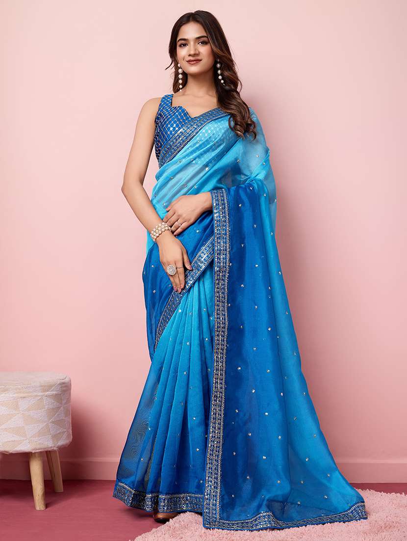 women light blue sequin work embroidered saree with blouse
