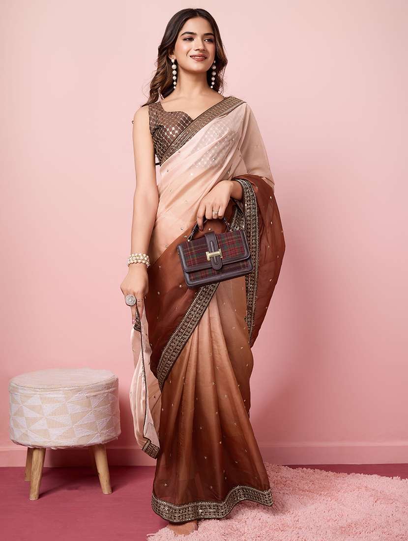 women brown sequin work embroidered saree with blouse