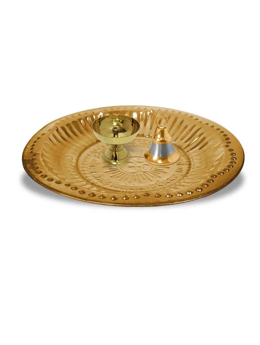 adhvik combo of small size paro pyali diya and hanging bell with 6 inch om brass pooja thali set for home and office - 21305489 -  Zoom Image - 0