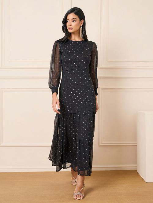 women black self designed puff sleeve tiered maxi dress - 21307648 -  Standard Image - 0