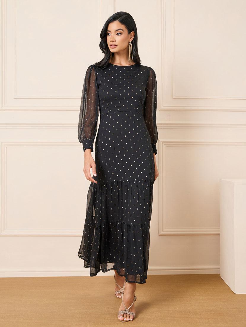 women black self designed puff sleeve tiered maxi dress - 21307648 -  Zoom Image - 0