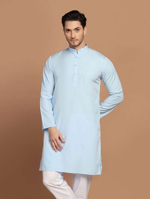 light blue solid cotton kurta - 21307955 -  Standard Image - 0