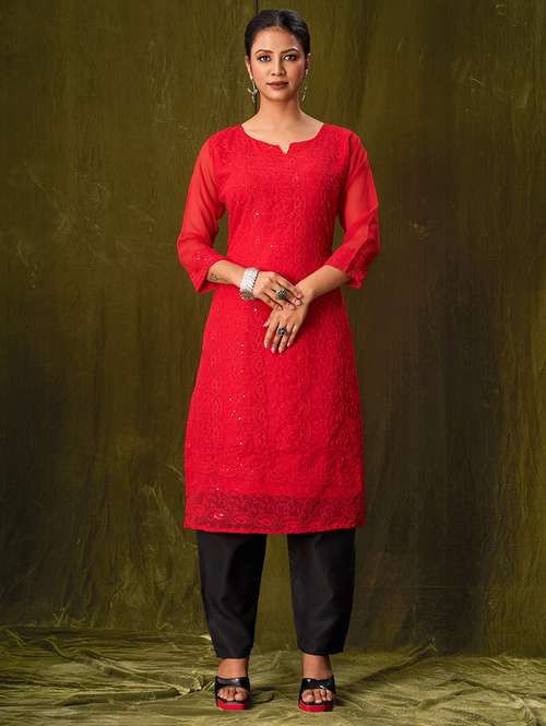 women three quarter sleeve straight kurta - 21308117 -  Standard Image - 0
