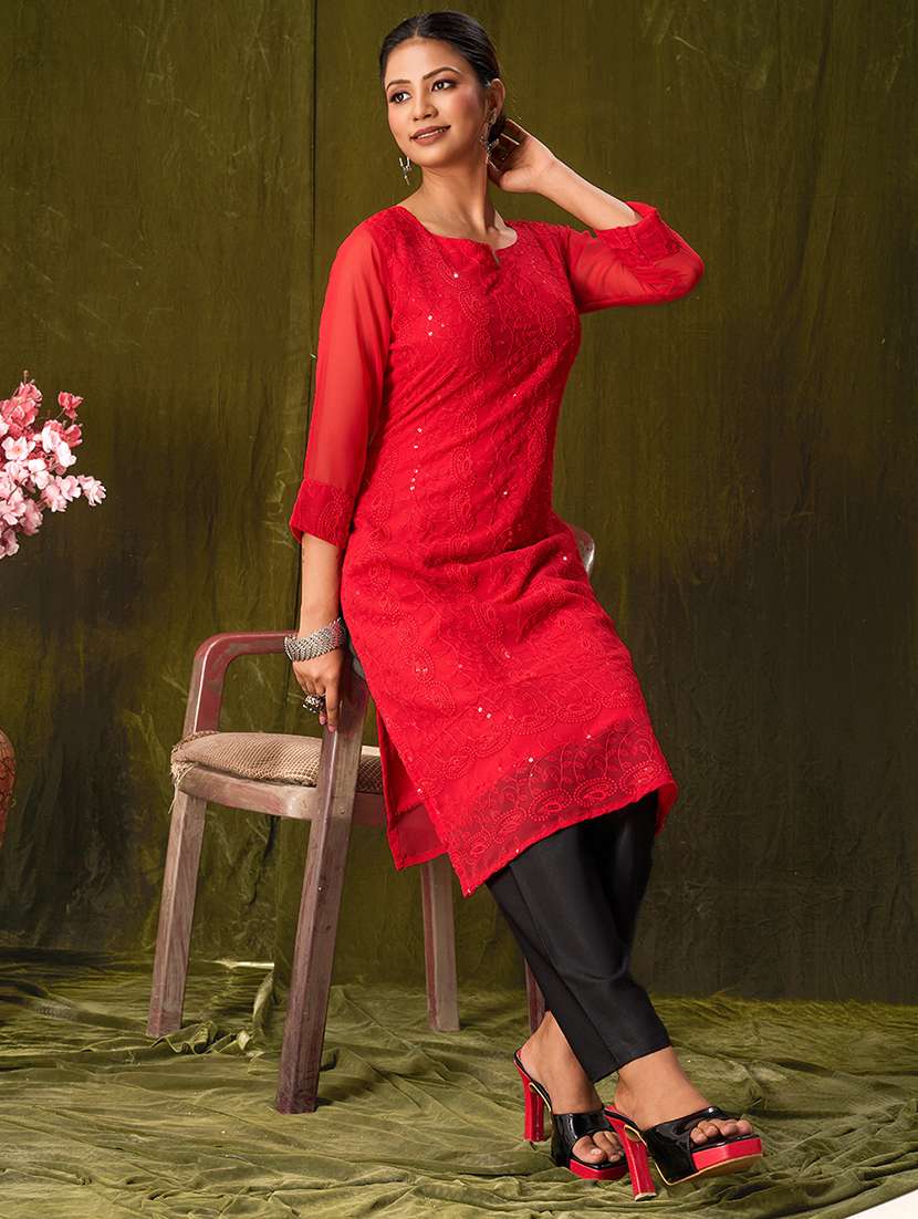 women three quarter sleeve straight kurta - 21308117 -  Standard Image - 3