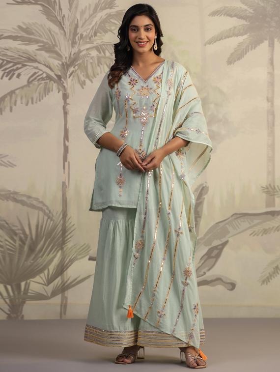 women neo mint kurta sharara set with dupatta - 21308164 - Zoom Image - 0