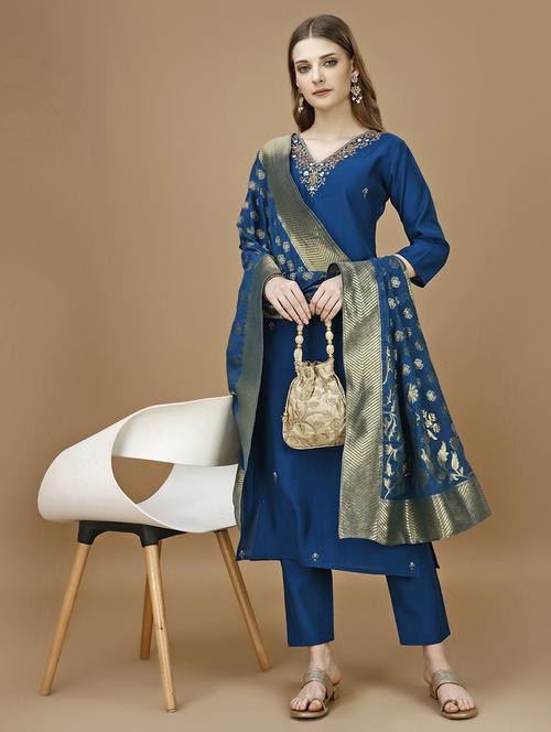 navy blue chanderi kurta dupatta  set - 21308781 -  Standard Image - 0
