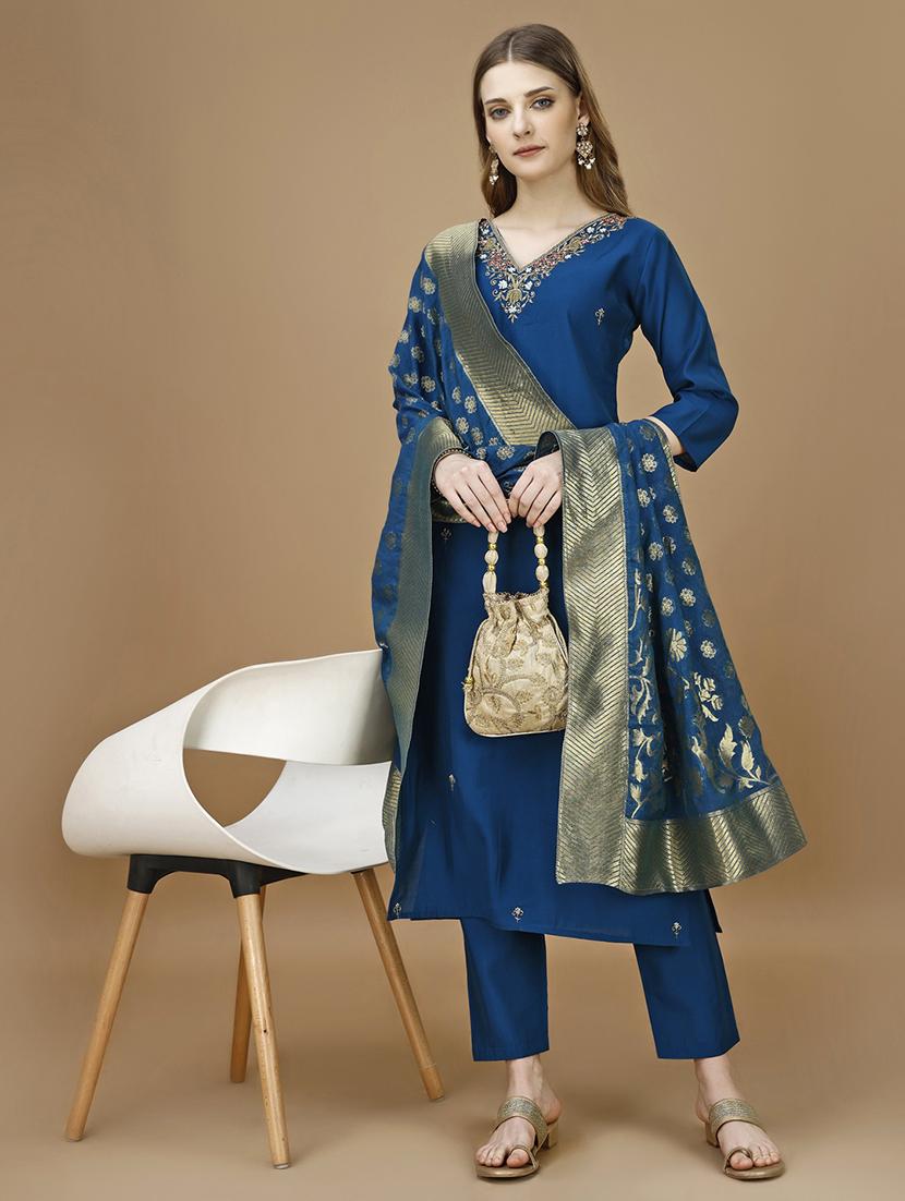 navy blue chanderi kurta dupatta  set - 21308781 -  Zoom Image - 0