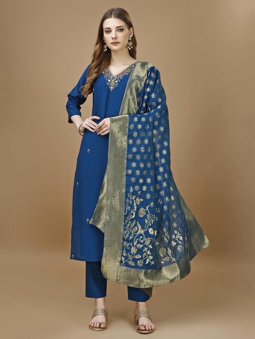 navy blue chanderi kurta dupatta set - 21308781 - Standard Image - 3