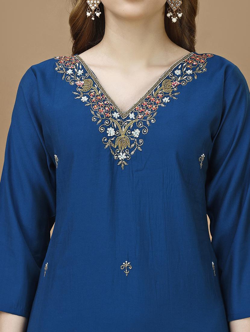 navy blue chanderi kurta dupatta set - 21308781 - Standard Image - 5