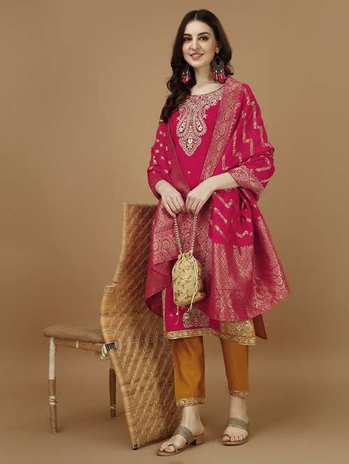 women pink & mustard kurta dupatta set - 21308825 -  Standard Image - 0