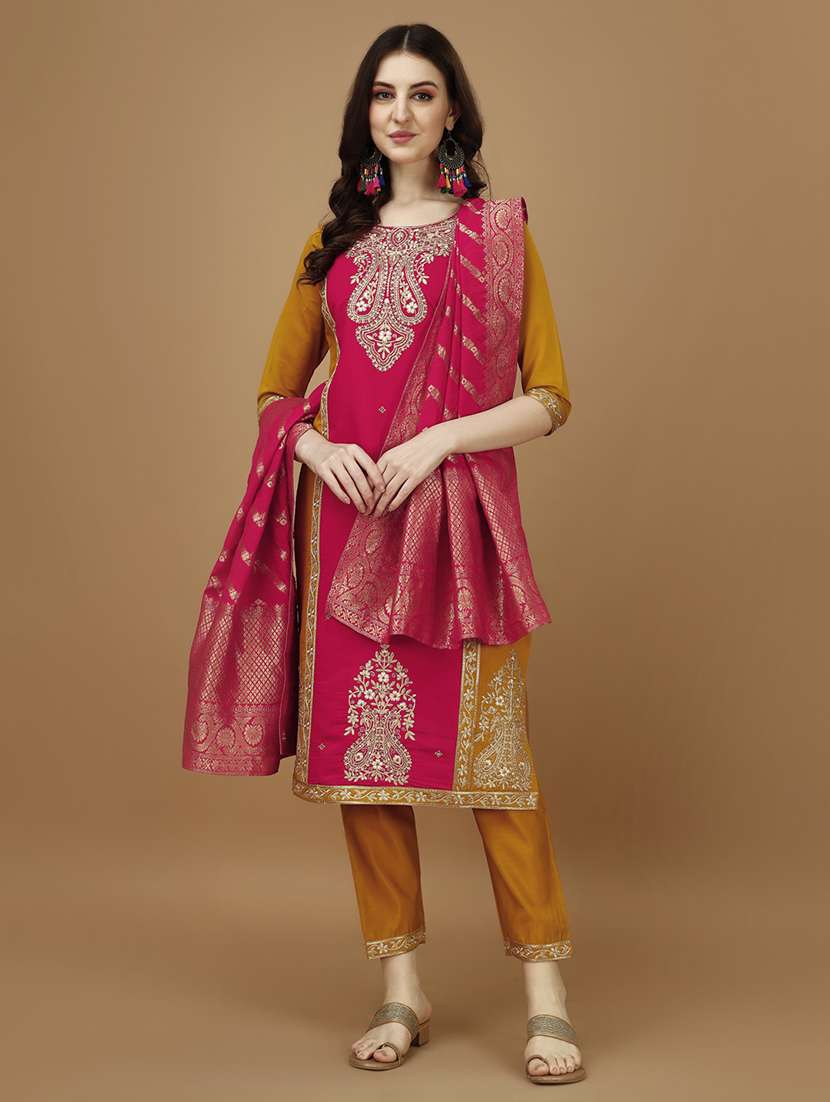 women pink & mustard kurta dupatta set - 21308825 -  Standard Image - 3