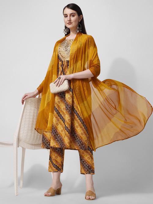 mustard cotton kurta dupatta set - 21308873 - Standard Image - 0
