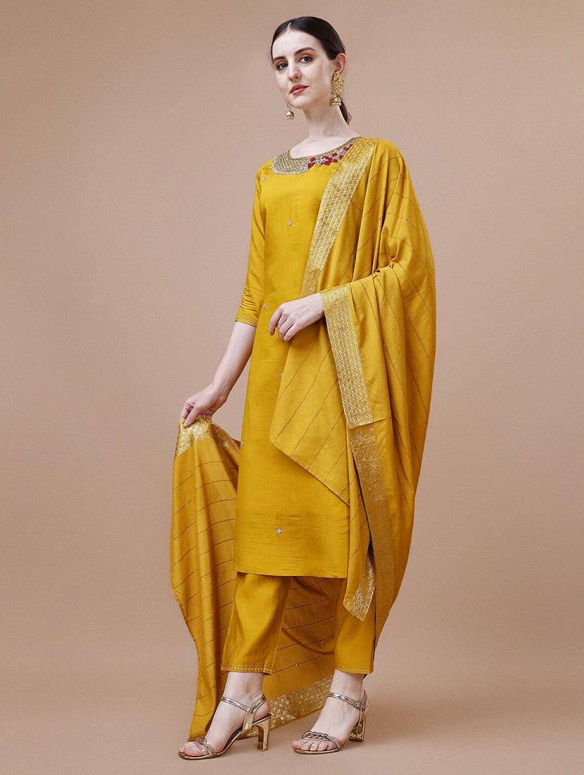 mustard chanderi kurta dupatta  set
