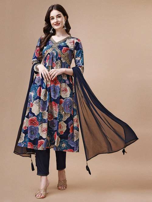 women navy blue kurta dupatta set - 21308950 - Standard Image - 0