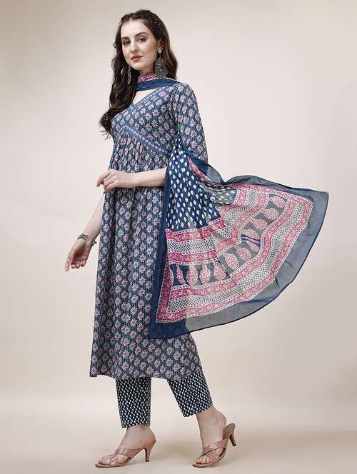 blue cotton kurta dupatta set - 21308961 - Standard Image - 0