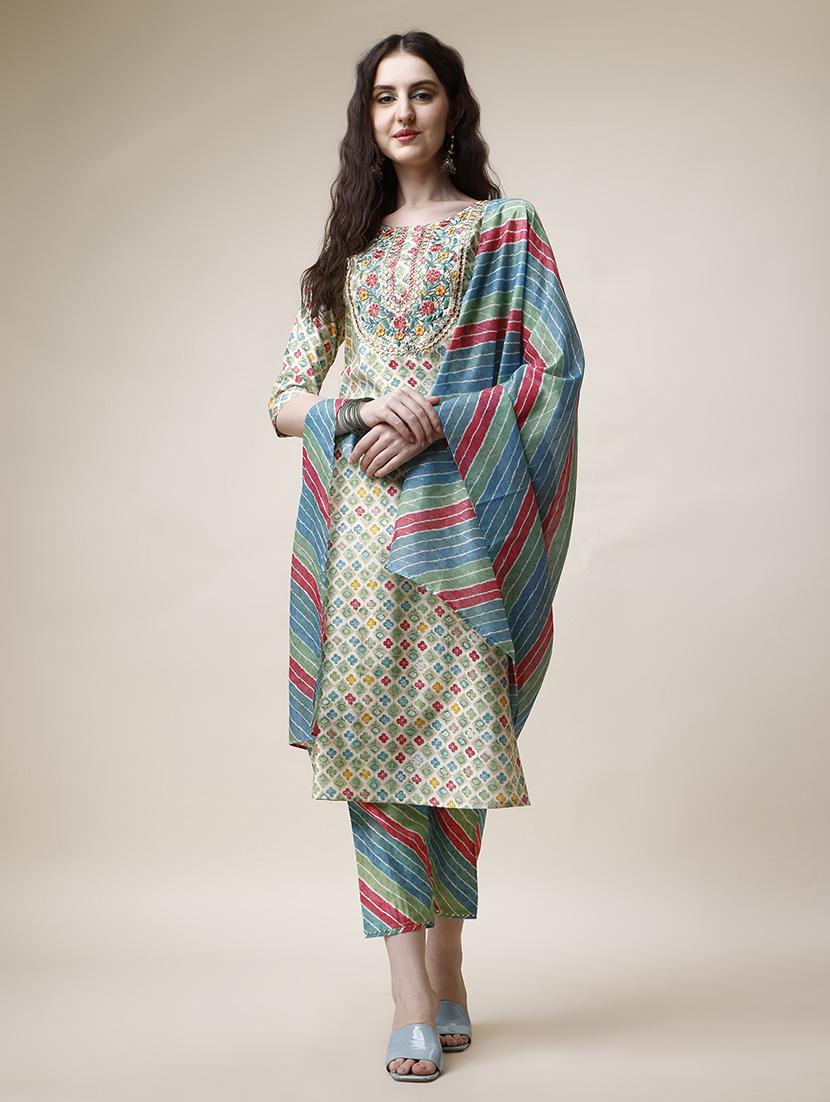 green chanderi kurta dupatta set - 21308987 - Zoom Image - 0