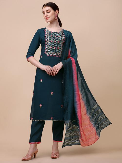 teal chanderi kurta dupatta  set - 21309016 -  Standard Image - 0