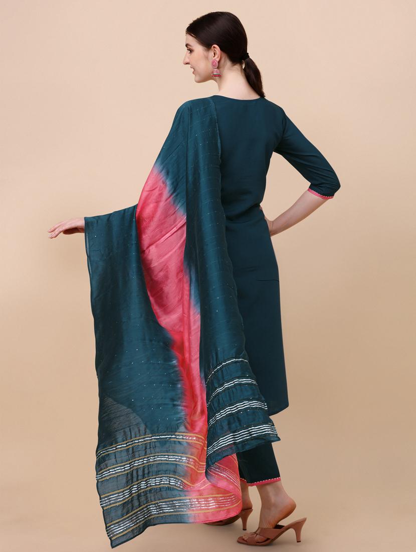 teal chanderi kurta dupatta set - 21309016 - Standard Image - 3