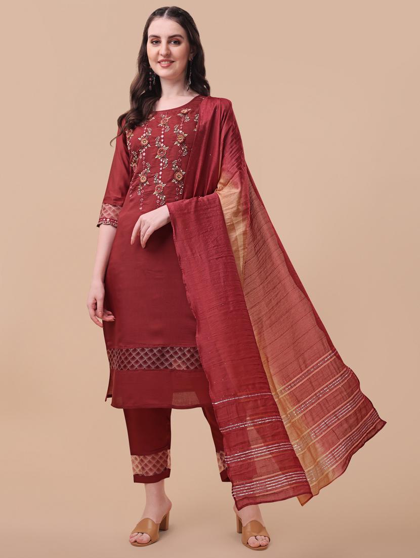 rust chanderi kurta dupatta  set - 21309065 -  Zoom Image - 0