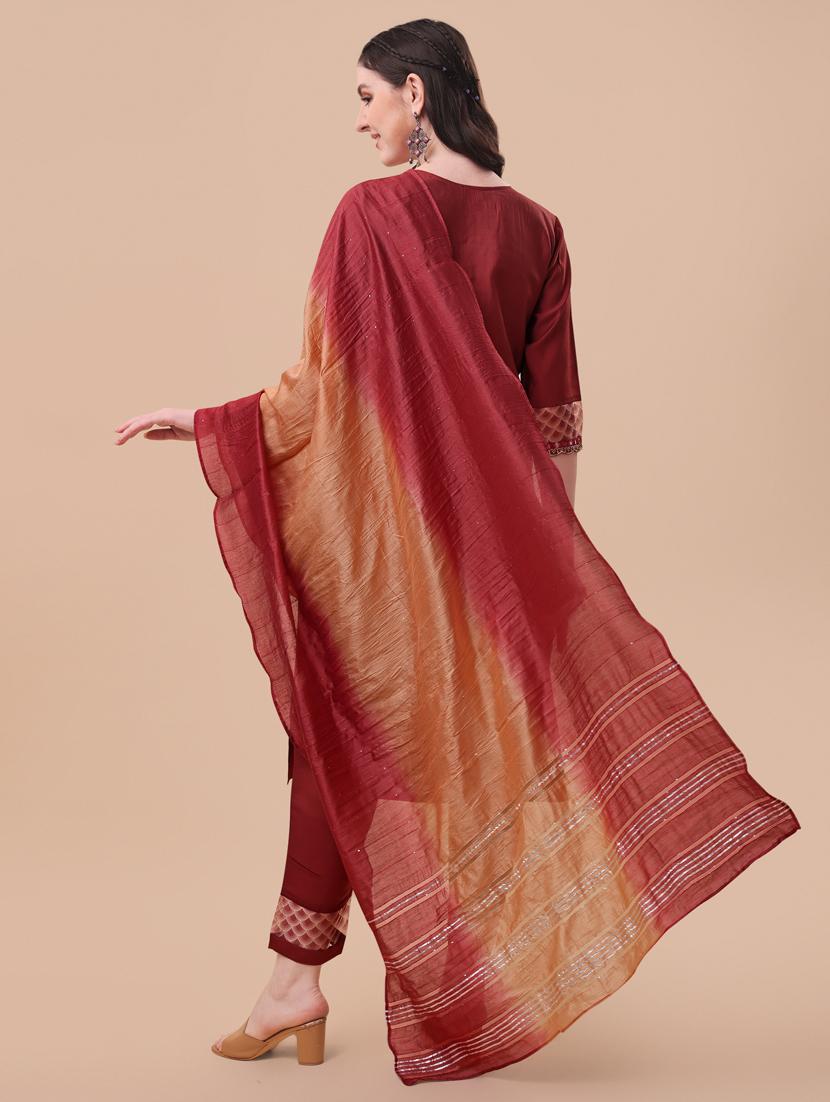 rust chanderi kurta dupatta set - 21309065 - Standard Image - 3