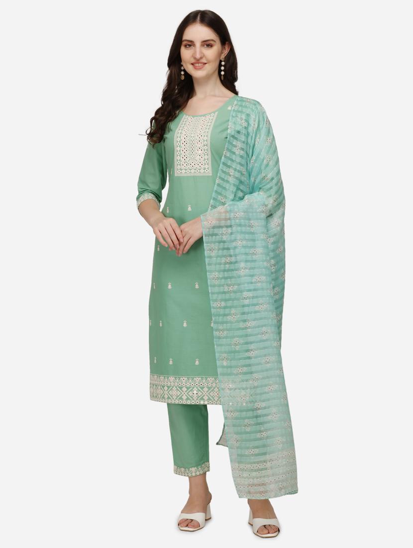 green cotton kurta dupatta set - 21309067 - Zoom Image - 0
