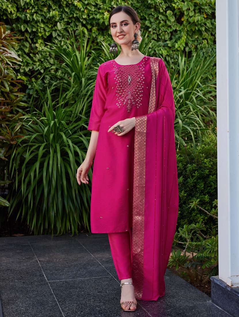 pink chanderi kurta dupatta  set - 21309085 -  Zoom Image - 0