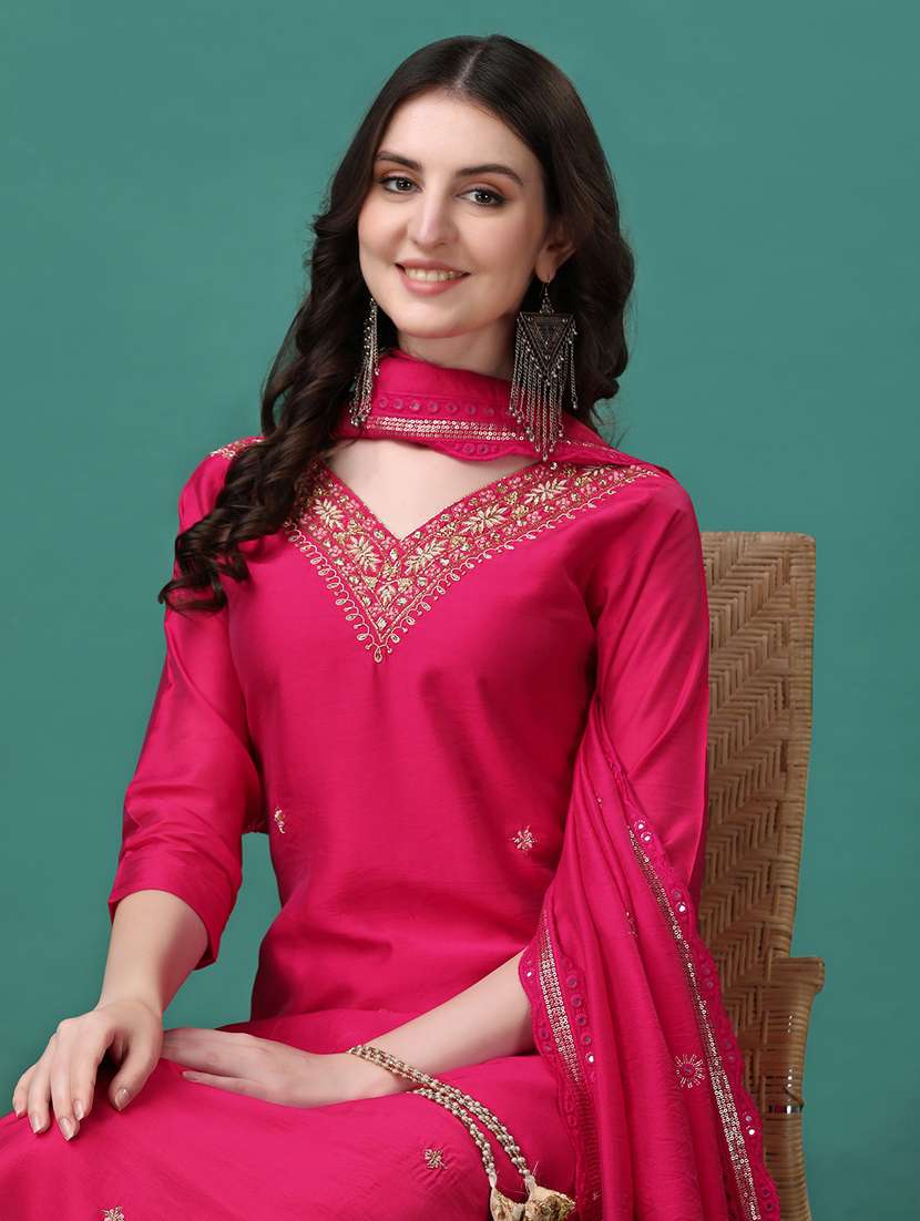 pink chanderi kurta dupatta  set - 21309223 -  Standard Image - 3