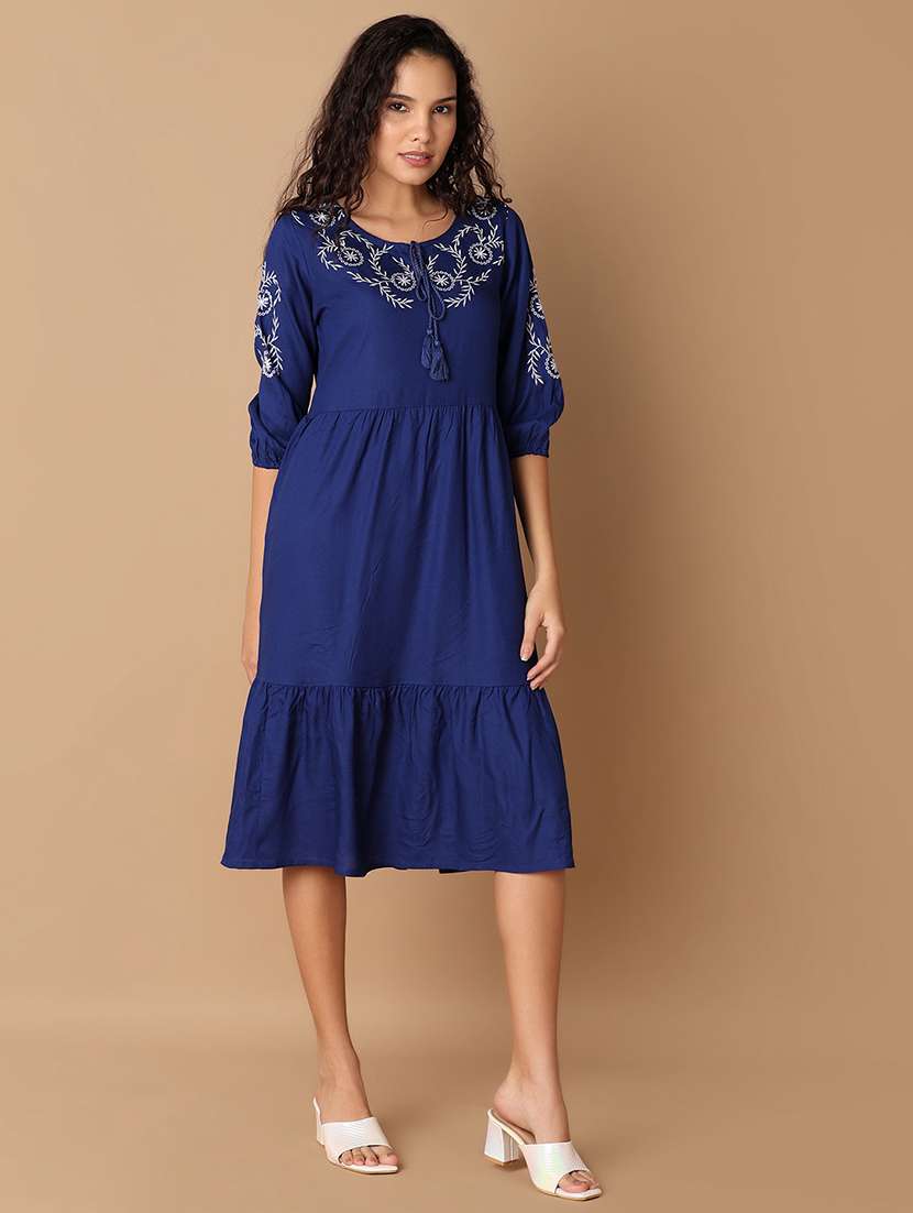 Women Navy Blue Rayon A Line Dress